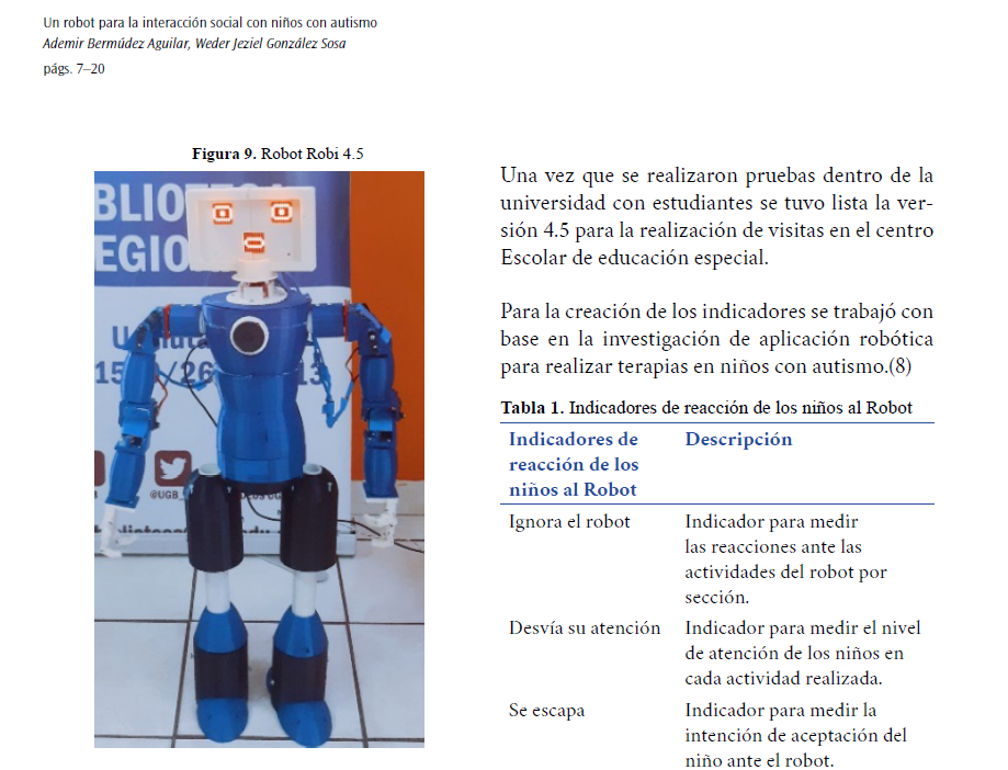 Excelente, gracias a UEES <br />Tengo el orgullo de decir que fue el primer robot (creado) para autismo en el país que desarrolle en la UGB <br /><br />Grandes recuerdos de la versiones que desarrolle 🙂 <br /><br />Publicado el 16/08/2024<br /><br />Tema: Un Robot para la Interacción Social con Niños con Autismo, 2022<br /><br />Autores/ <br />Ademir Bermúdez Aguilar, https://orcid.org/0000-0003-2832-1204<br />Weder Jeziel González Sosa, https://orcid.org/0000-0002-7183-0568<br /><br />DOI: https://doi.org/10.69789/creaciencia.v15i2.658<br /><br />Enlace:  https://www.uees.edu.sv/revistaenlinea/index.php/CreaCiencia/article/view/658