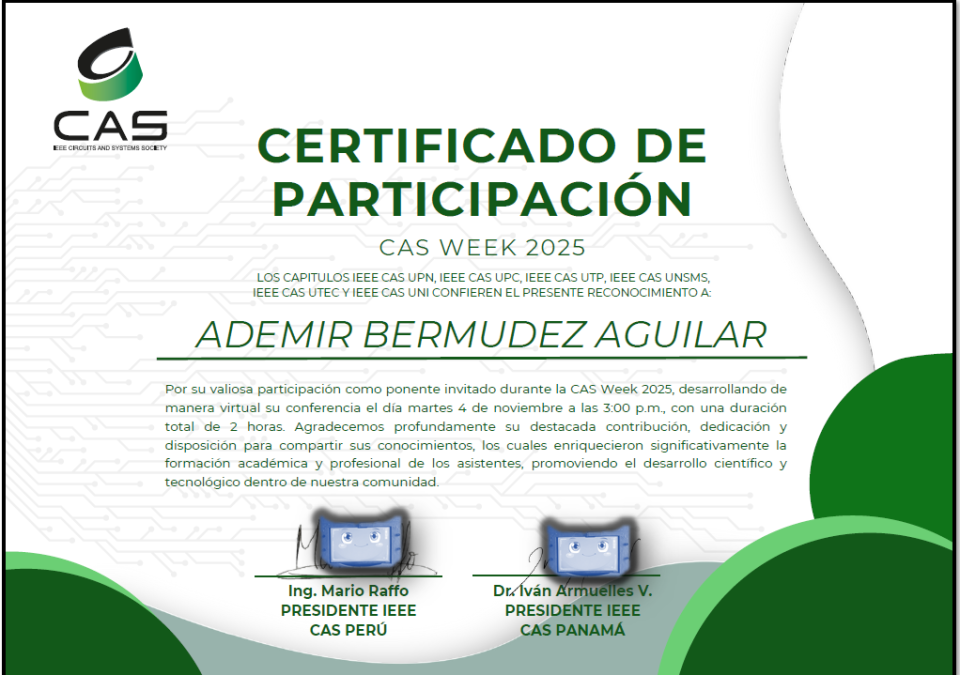 Evento: CAS WEEK 2025Tema: Robot de seguridad en empresas por medio de Yolo, Open CV y Telegram Fecha: 4/11/2025Organizado por: Universidad privada del Norte -Lima norte, Universidad Nacional Mayor de San Marcos, Universidad Peruana de Ciencias Aplicadas, Pontificia Universidad Católica del Perú, Universidad de Ingeniería y Tecnologías, Universidad Tecnológica de Panamá y Universidad Nacional de Ingenieria.