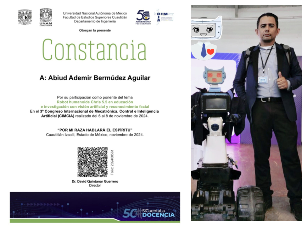 Muy agradecido por permitirme participar por segunda vez en el congreso internacional de Mecatrónica, Control e Inteligencia Artificial organizado en su tercera edición, organizado por la UNAM de Cuautitlán, México.